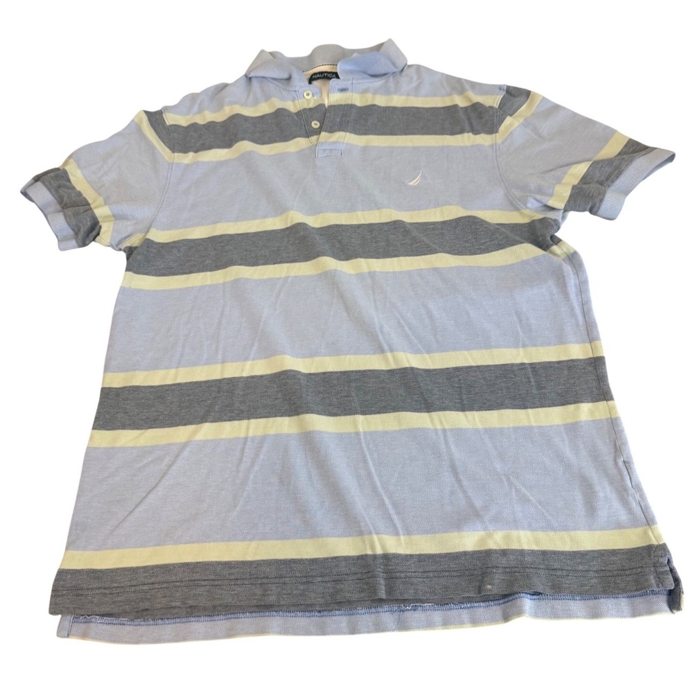 Nautica Mens Striped Polo Shirt‎ Blue Grey Yellow Short Sleeve Pique Size L